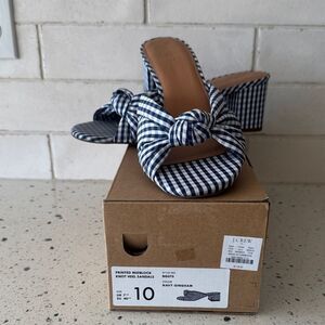 J. Crew Navy Gingham Knot Sandals Printed Mid Block Heel Women’s Size 10 EUC